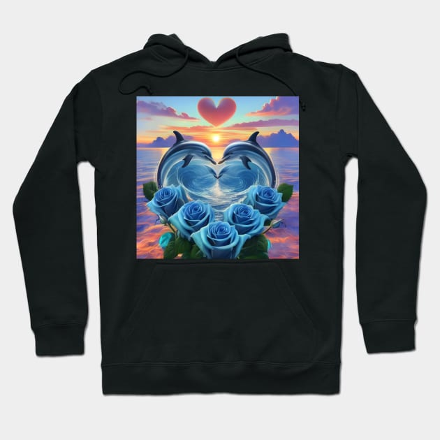 Dolphin Hearts Of Love With Blue Roses At Sunset 6 Hoodie by MiracleROLart